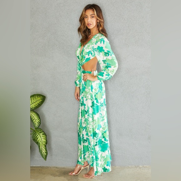 (50396-SPR-KELL) SPRING FLORAL PRINT ELASTIC LONG SLEEVE MAXI DRESS - Picture 2 of 4